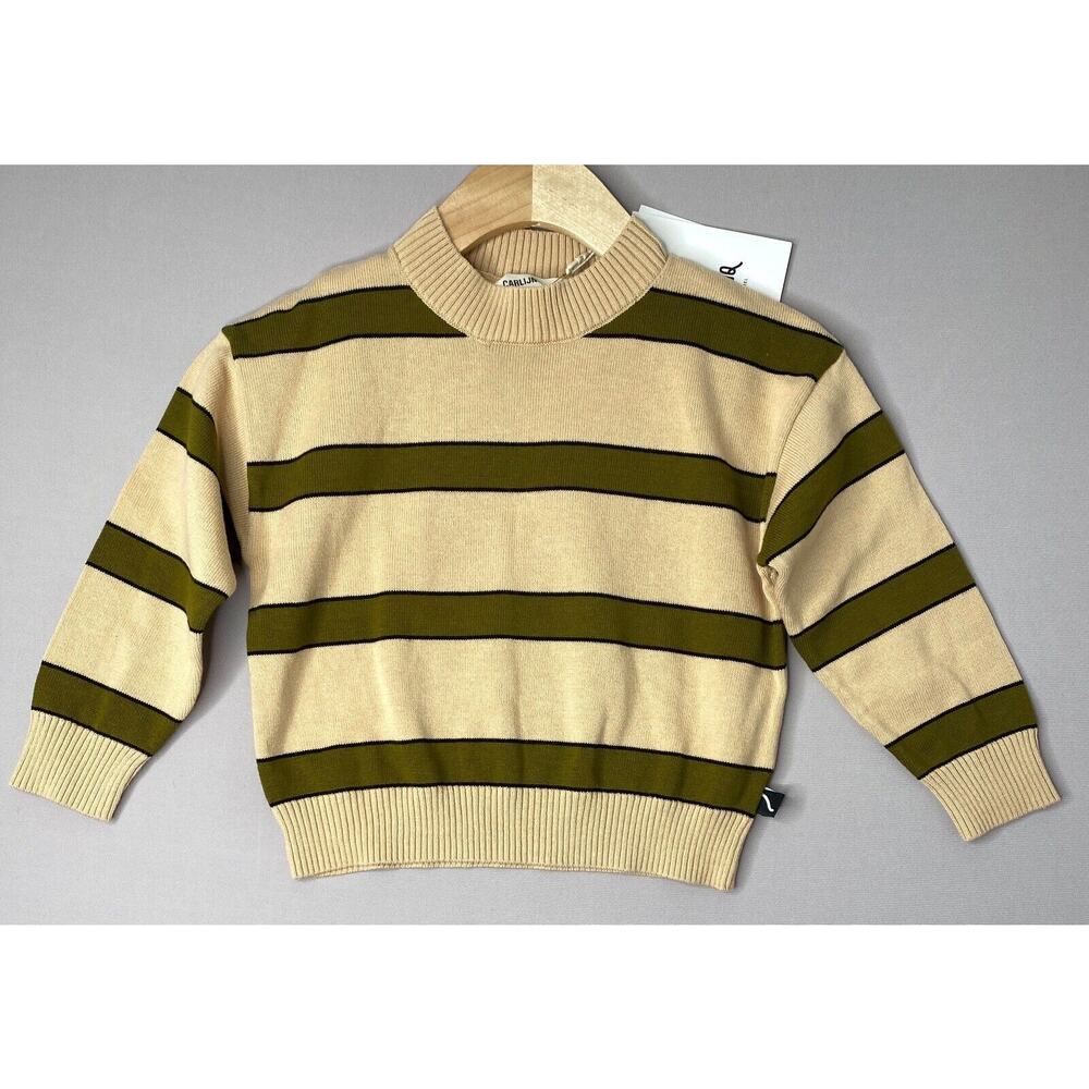 NWT CarlijnQ 1-2 Yrs (18-24 Mo) Cream Green Stripe Organic Cotton Sweater